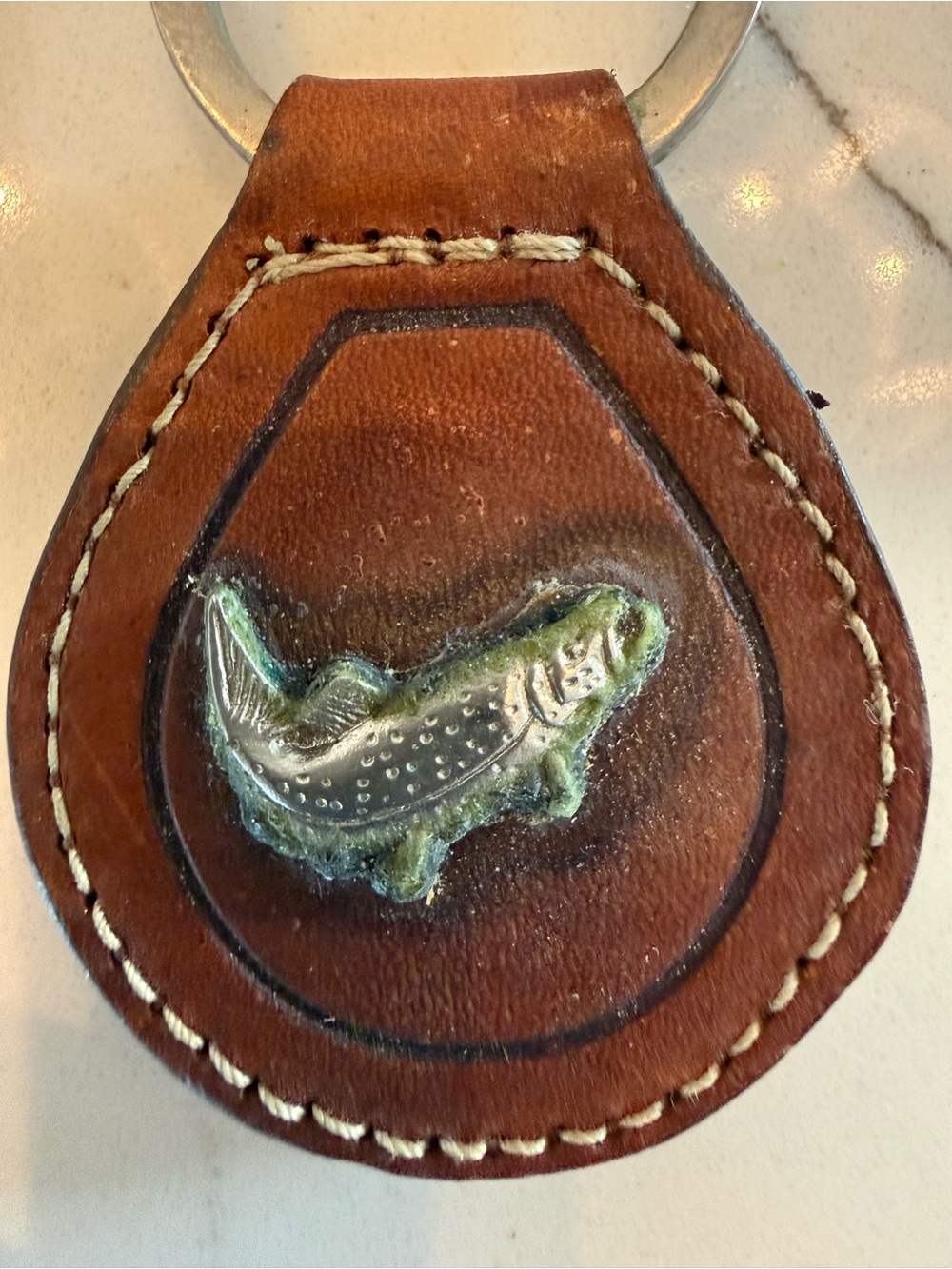 Cole Haan Brown Leather Key Fob with Green Fish Emblem
